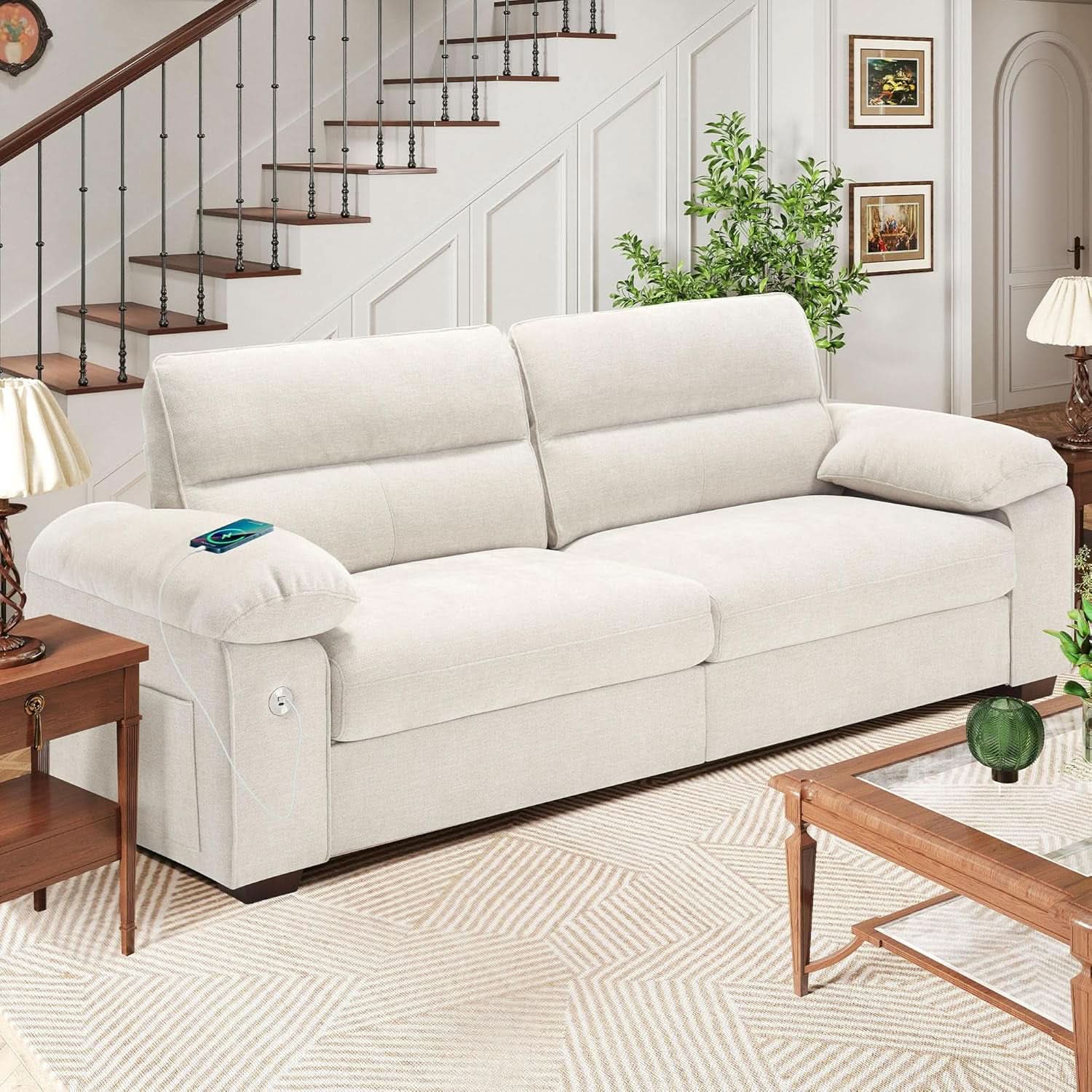 70 Inch Gray Chenille Loveseat With USB C Ports And Plush Cushions
