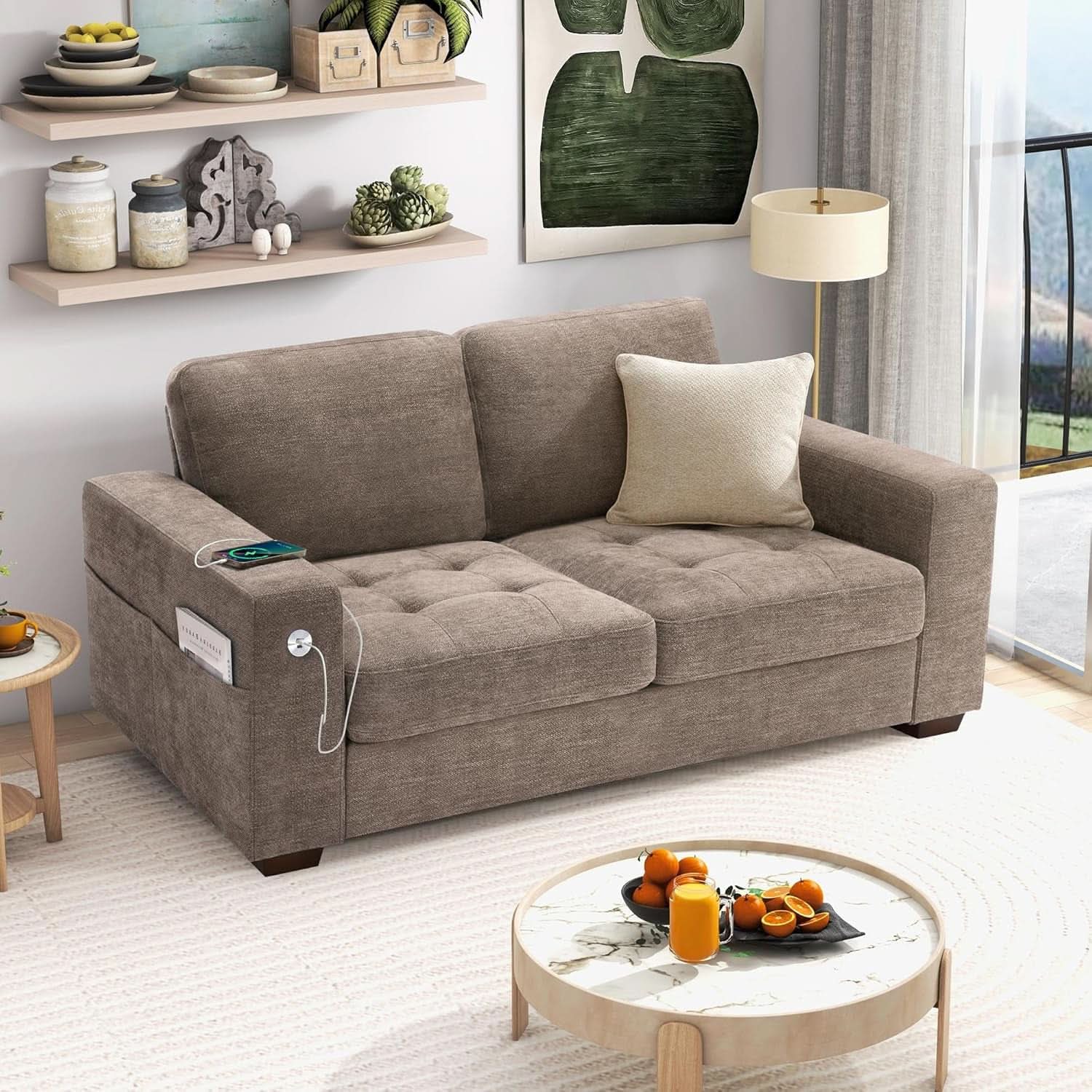 70 Inch Gray Chenille Loveseat With USB C Ports And Plush Cushions