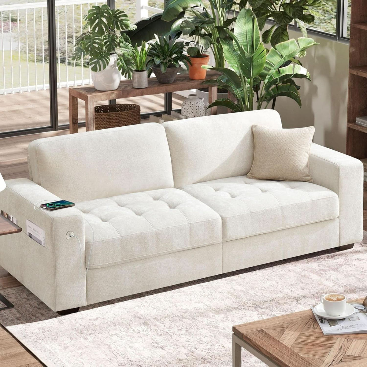 70 Inch Gray Chenille Loveseat With USB C Ports And Plush Cushions
