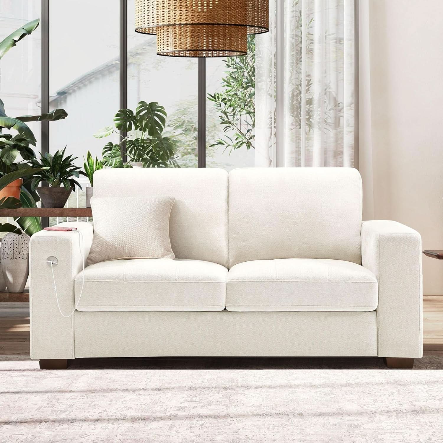 70 Inch Gray Chenille Loveseat With USB C Ports And Plush Cushions
