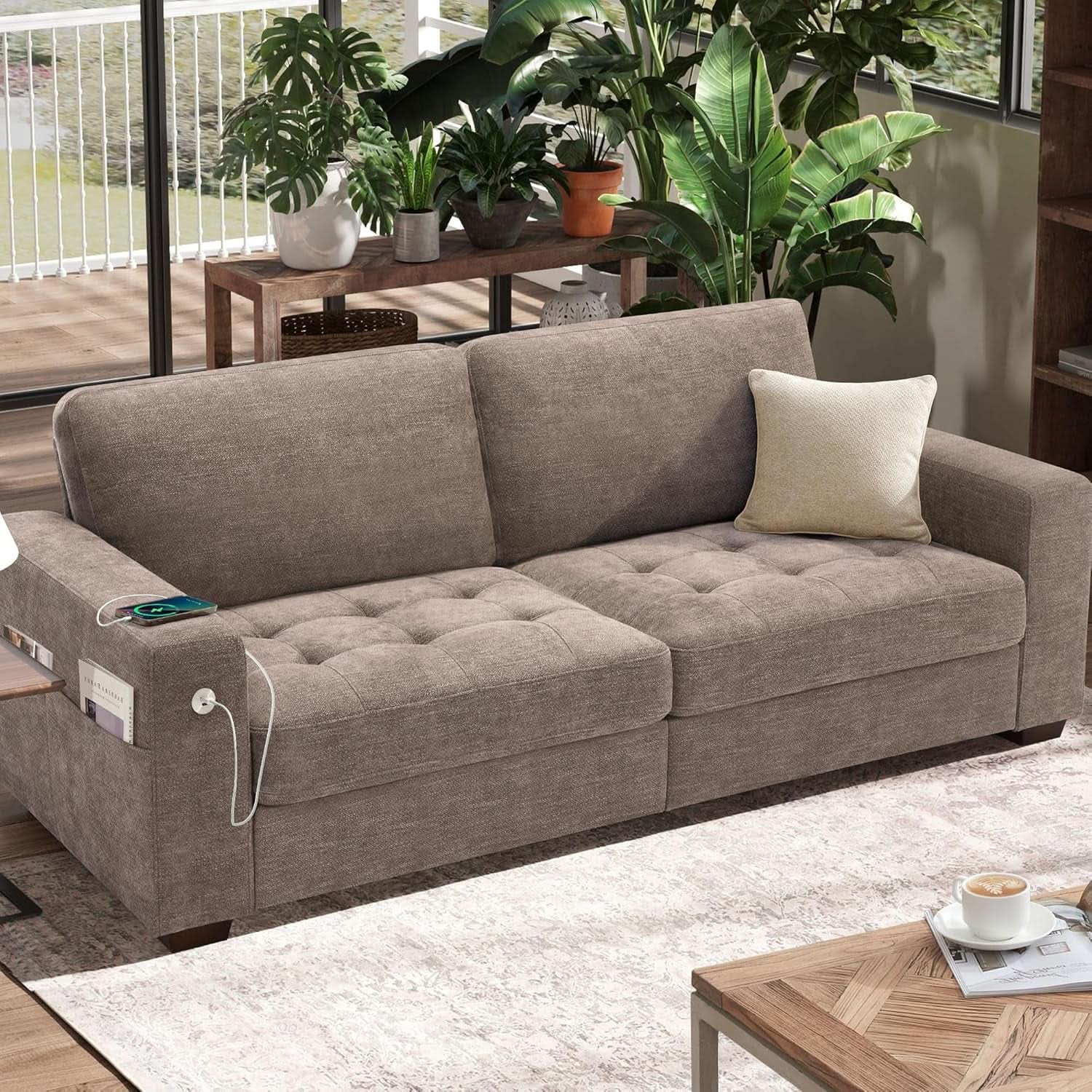 70 Inch Gray Chenille Loveseat With USB C Ports And Plush Cushions