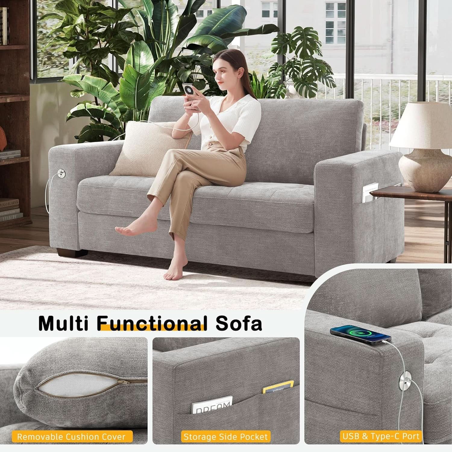 70 Inch Gray Chenille Loveseat With USB C Ports And Plush Cushions