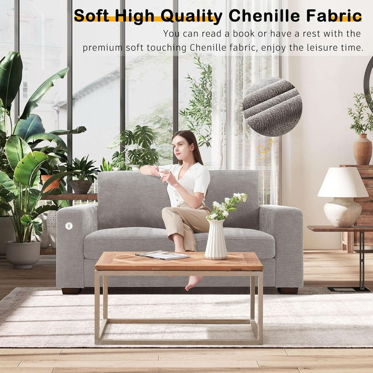 70 Inch Gray Chenille Loveseat With USB C Ports And Plush Cushions