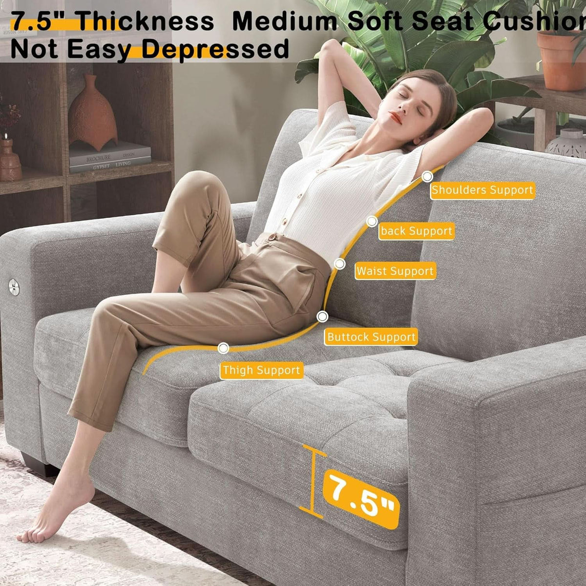70 Inch Gray Chenille Loveseat With USB C Ports And Plush Cushions