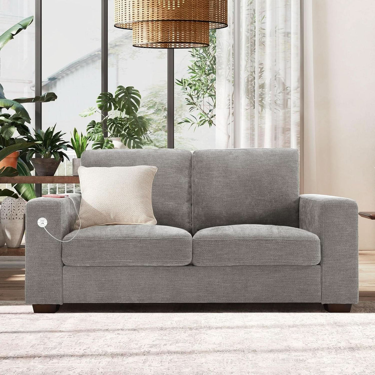 70 Inch Gray Chenille Loveseat With USB C Ports And Plush Cushions