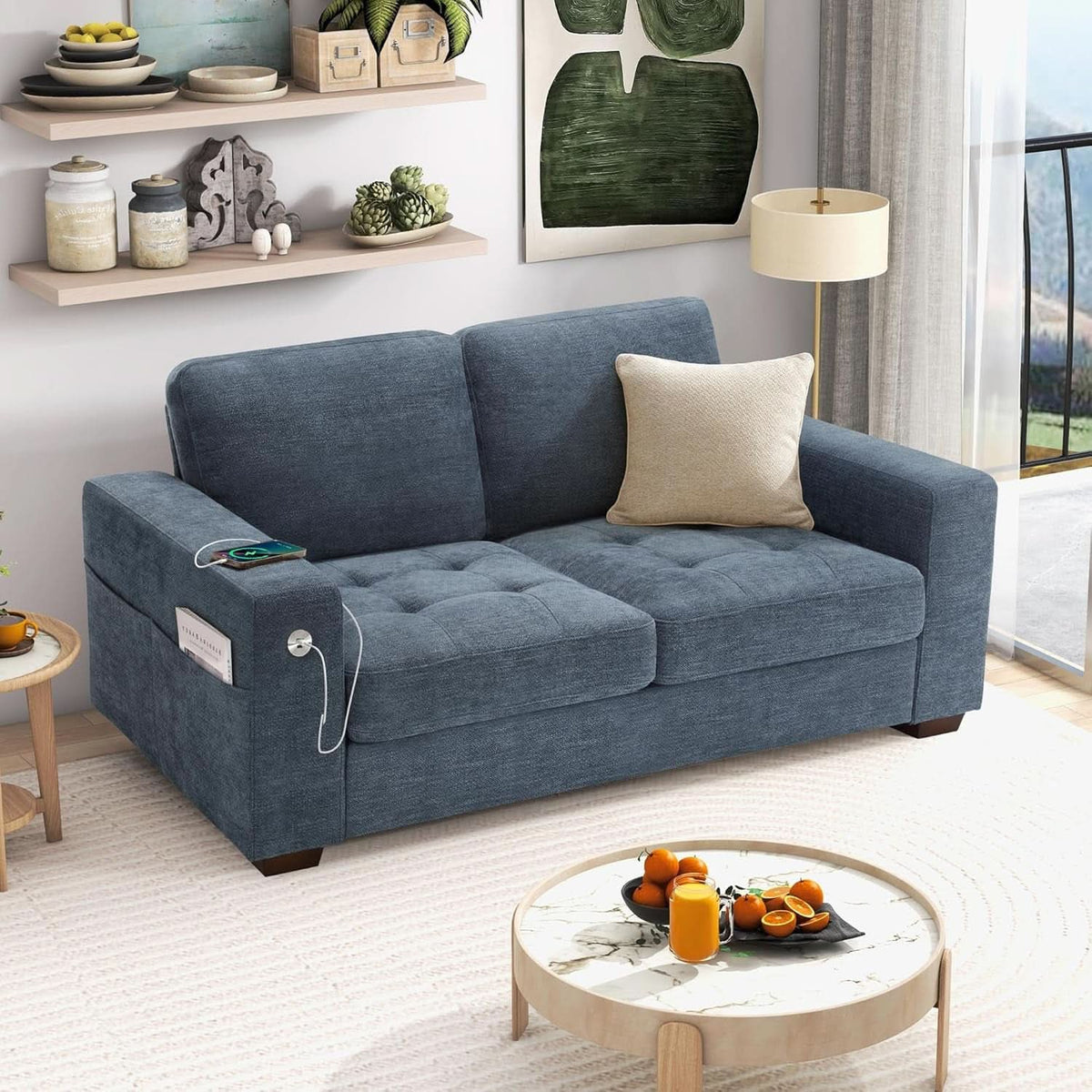 70 Inch Gray Chenille Loveseat With USB C Ports And Plush Cushions