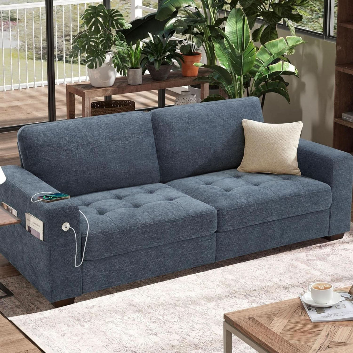 70 Inch Gray Chenille Loveseat With USB C Ports And Plush Cushions