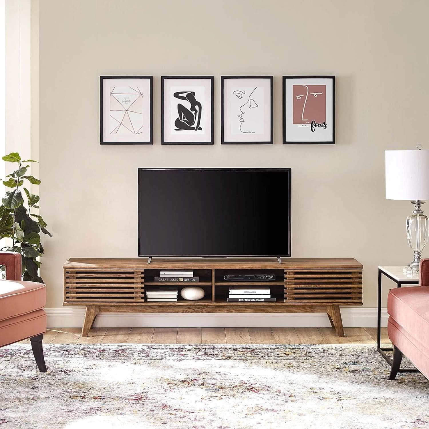 70 Inch Mid Century Modern Walnut TV Stand Console