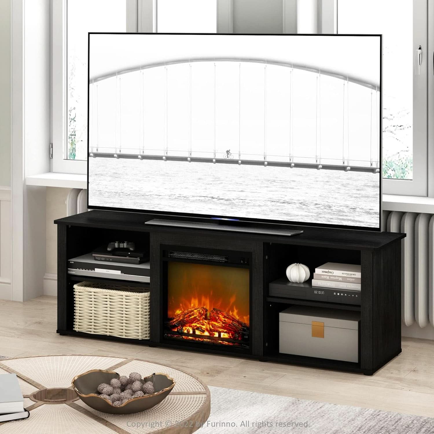 70 Inch TV Stand With Electric Fireplace Americano Finish