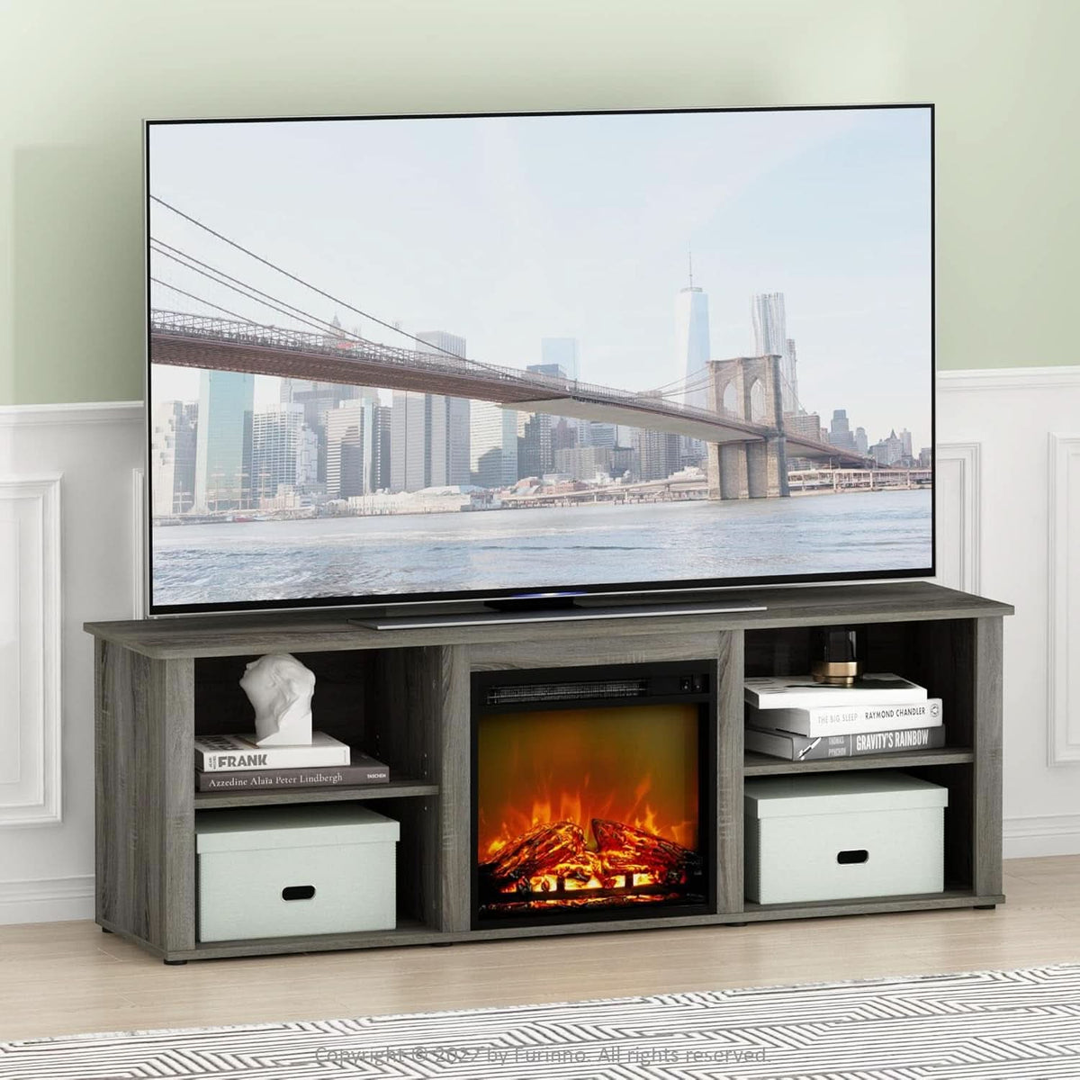 70 Inch TV Stand With Electric Fireplace In French Oak Grey