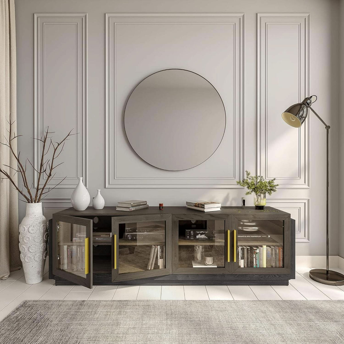 70 Inch TV Stand With Glass Cabinet Doors Modern Design