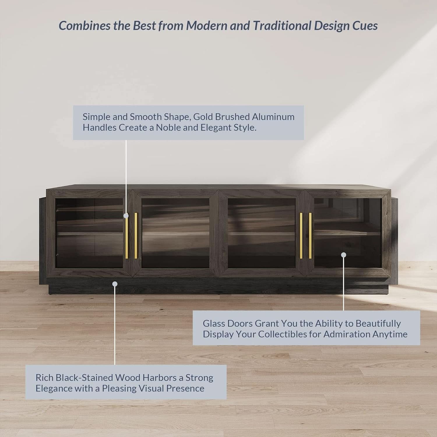70 Inch TV Stand With Glass Cabinet Doors Modern Design