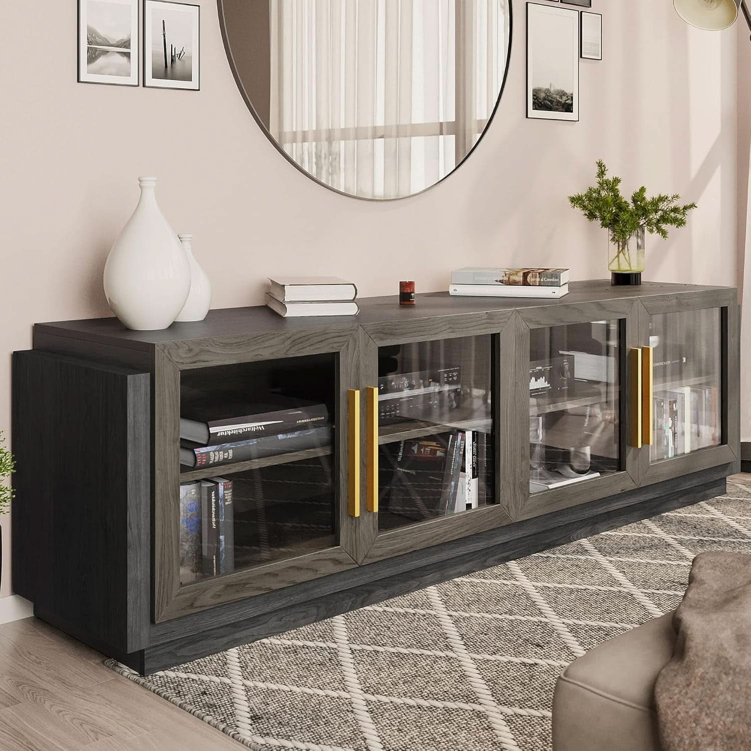 70 Inch TV Stand With Glass Cabinet Doors Modern Design