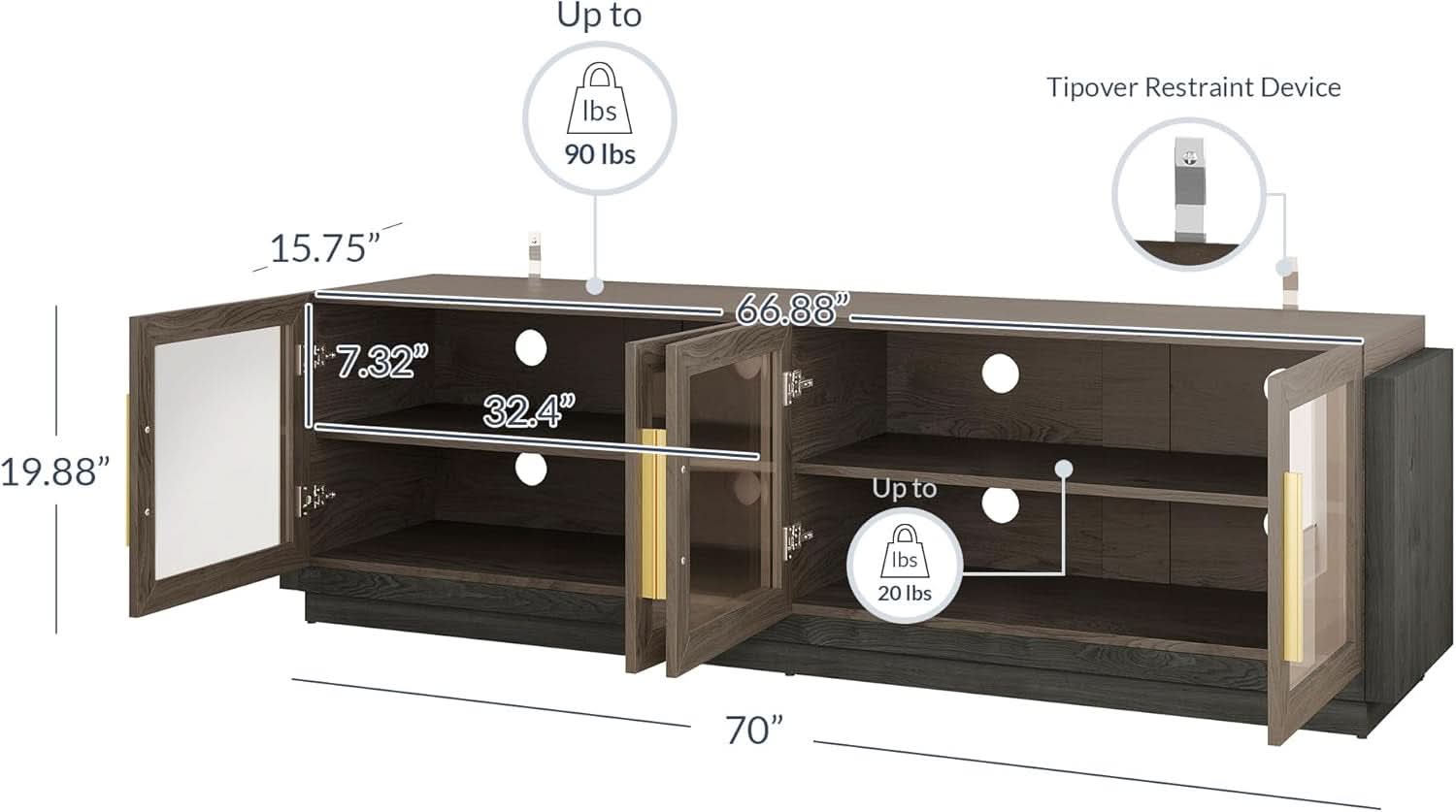 70 Inch TV Stand With Glass Cabinet Doors Modern Design