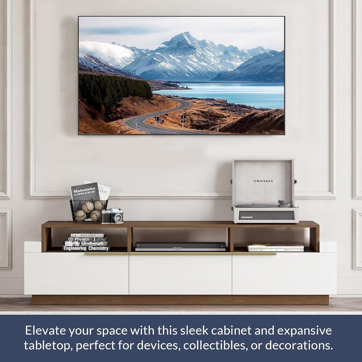 70 Inch White TV Stand With Open Shelves And Drawers