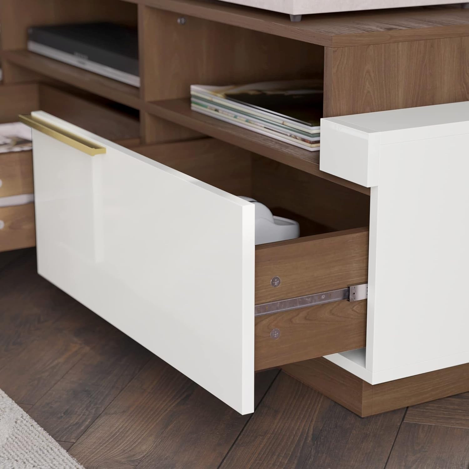 70 Inch White TV Stand With Open Shelves And Drawers