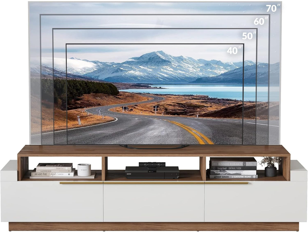 70 Inch White TV Stand With Open Shelves And Drawers