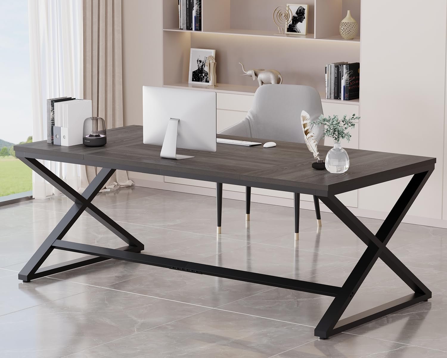 70.8 Inch Dark Gray Oak Computer Desk For Home Office