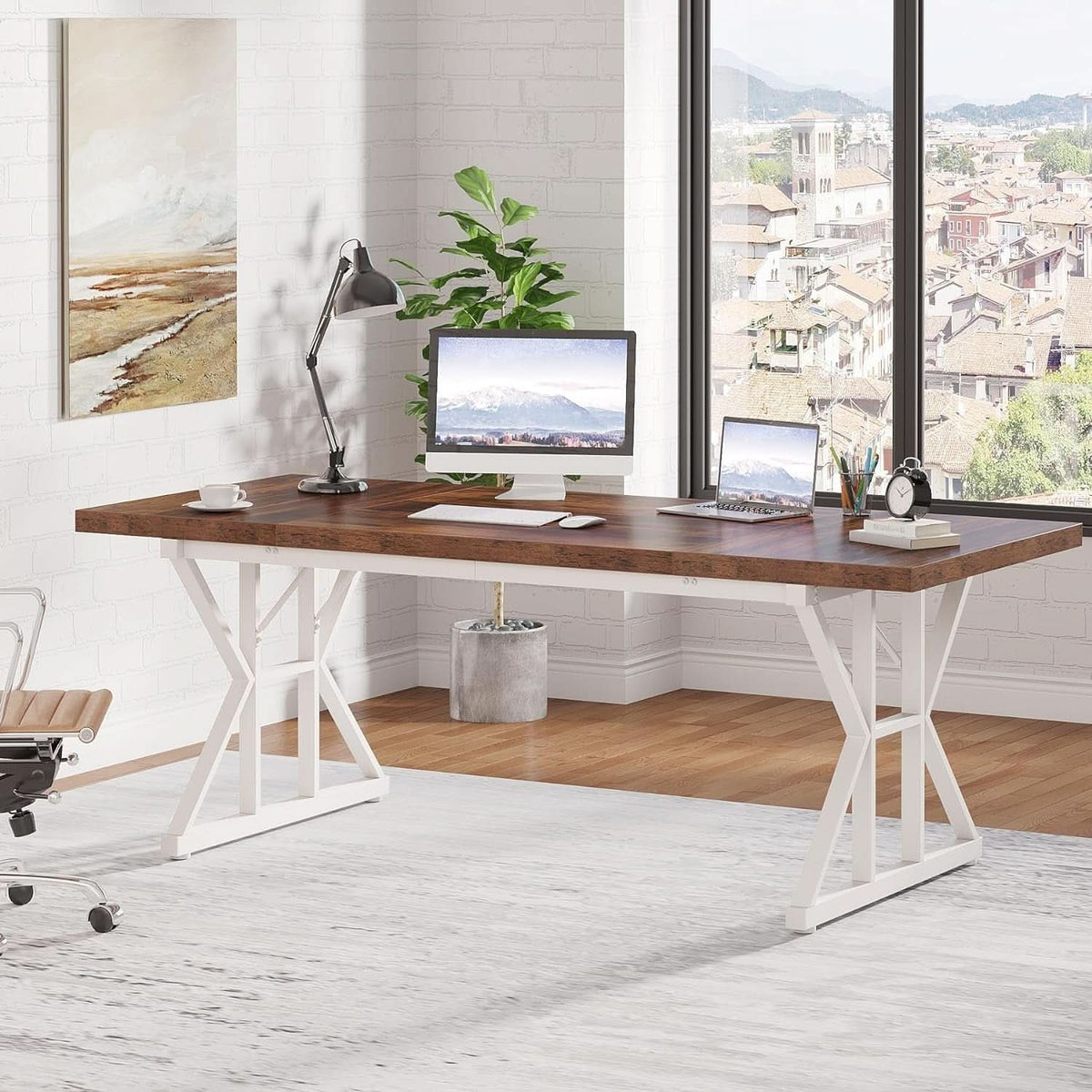 70.8 Inch Executive Desk Brown White Home Office Desk