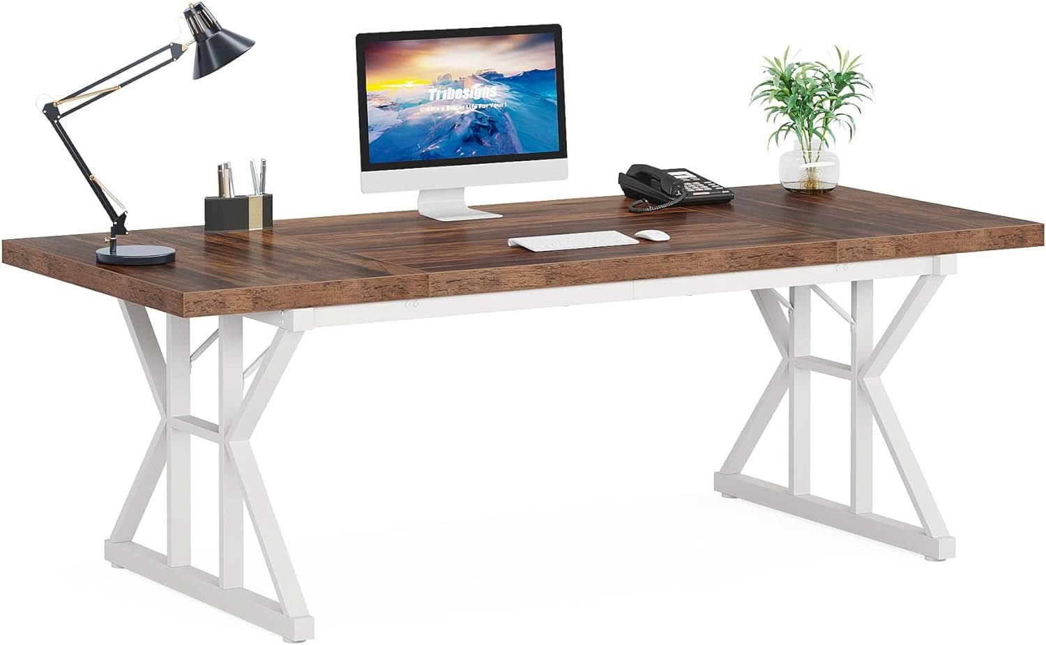 70.8 Inch Executive Desk Brown White Home Office Desk