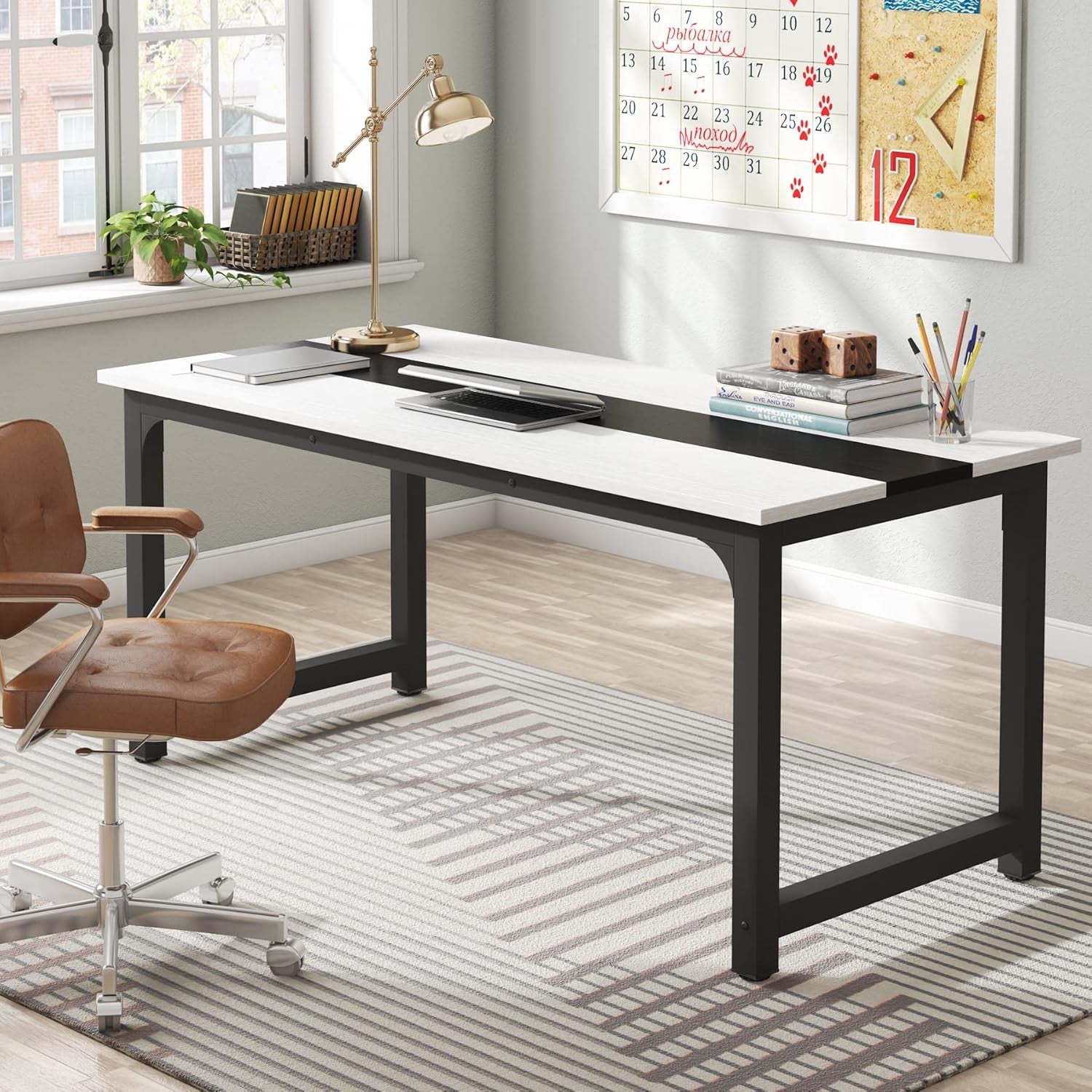 70.8 Inch Executive Desk White And Black Two Tone Finish