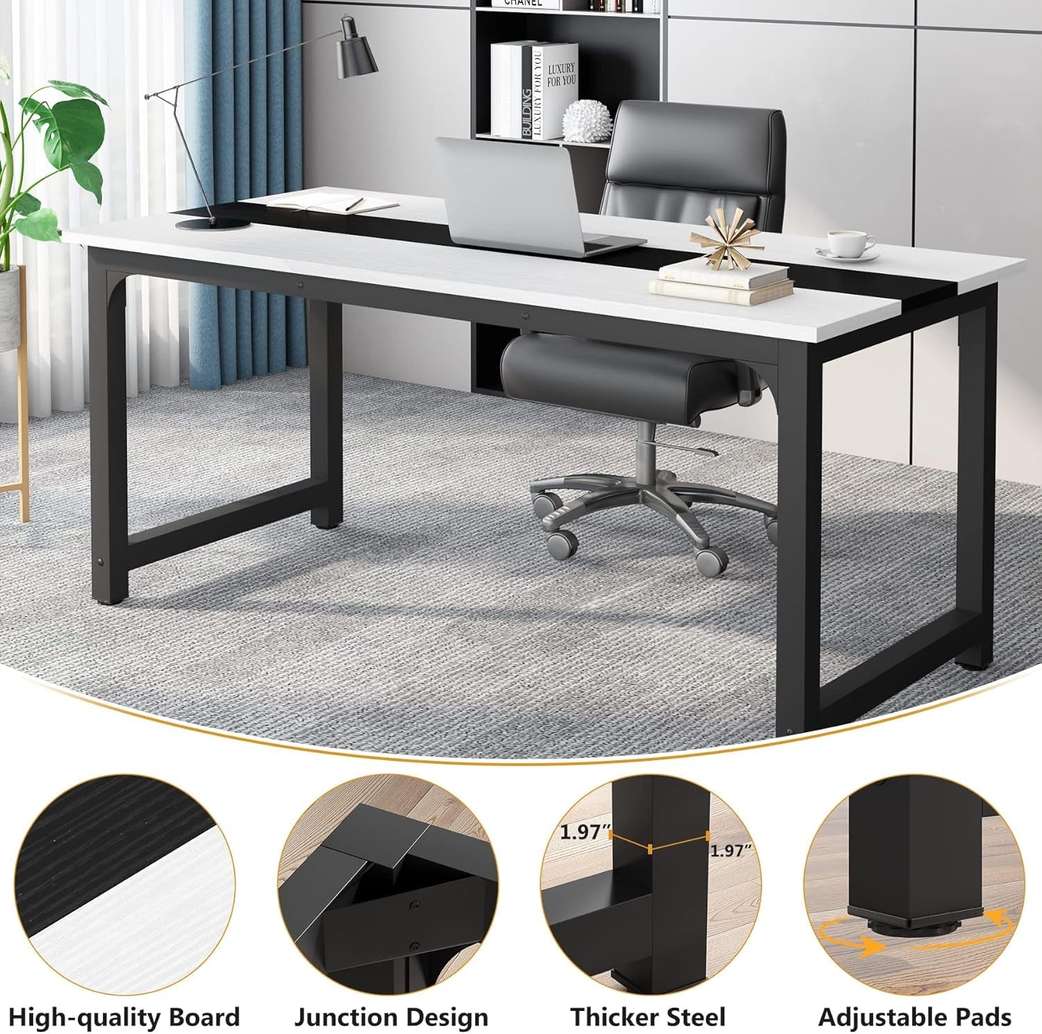 70.8 Inch Executive Desk White And Black Two Tone Finish