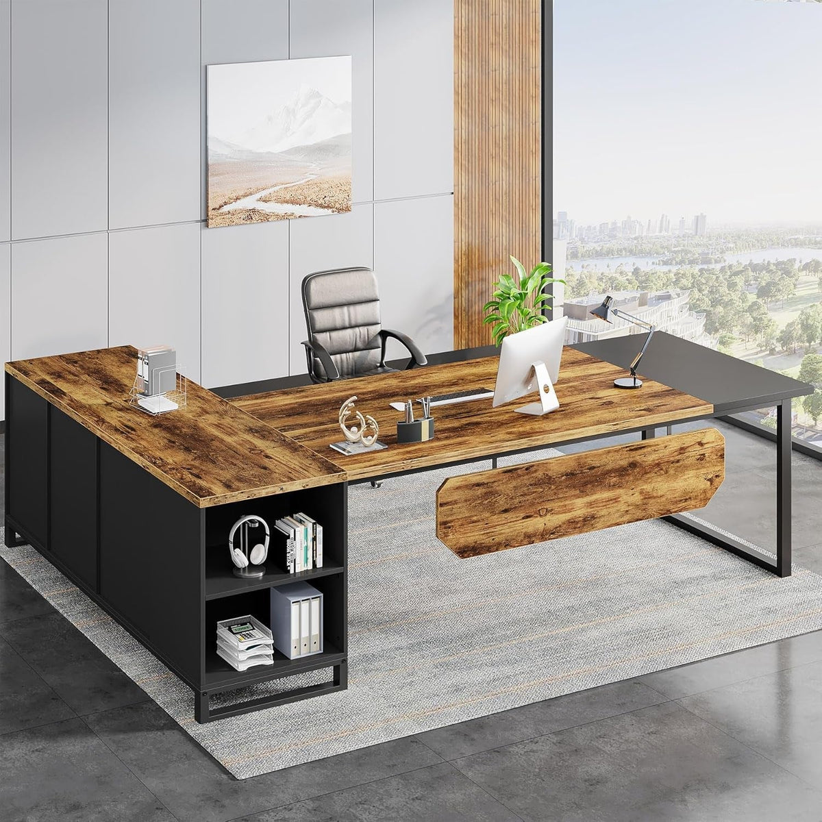 70.8 Inch L Shaped Executive Desk With File Cabinet