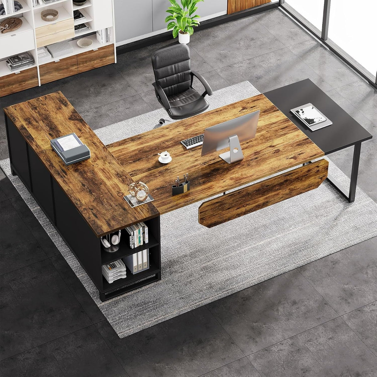 70.8 Inch L Shaped Executive Desk With File Cabinet