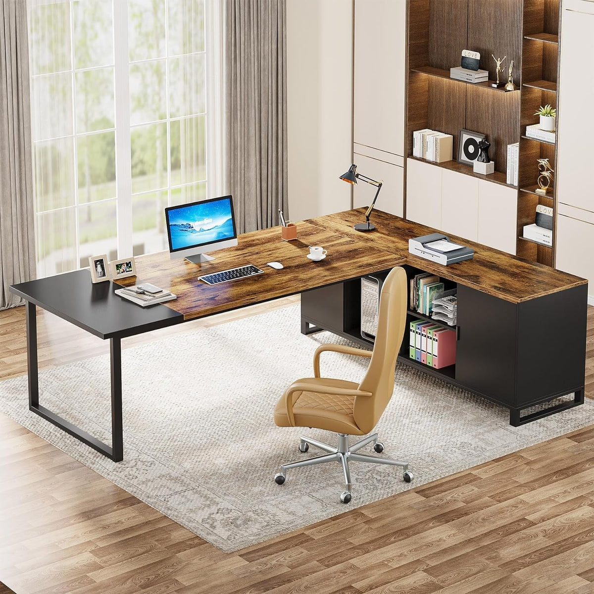 70.8 Inch L Shaped Executive Desk With File Cabinet