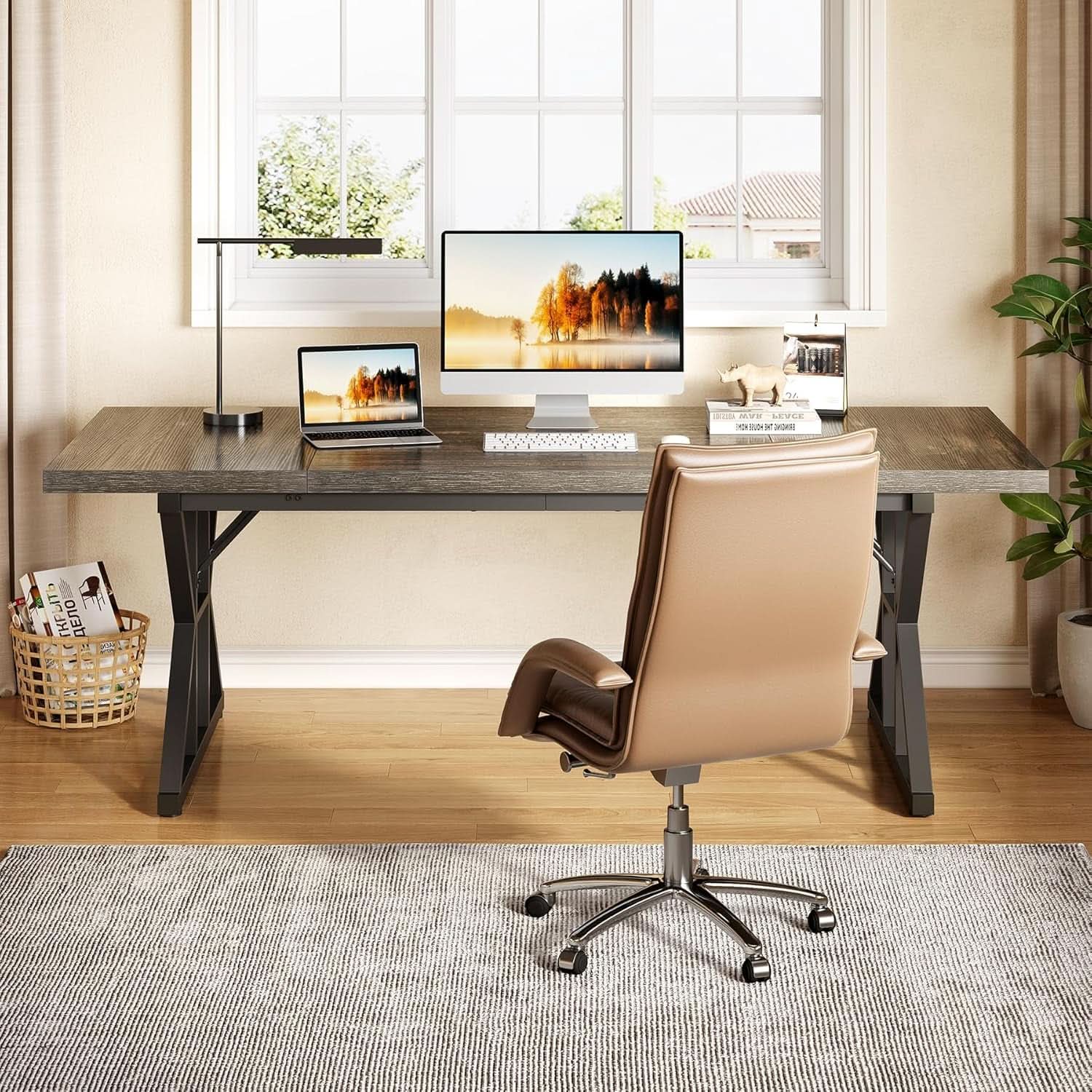 70.8 Inch Large Executive Desk Black Oak Wood Office Desk