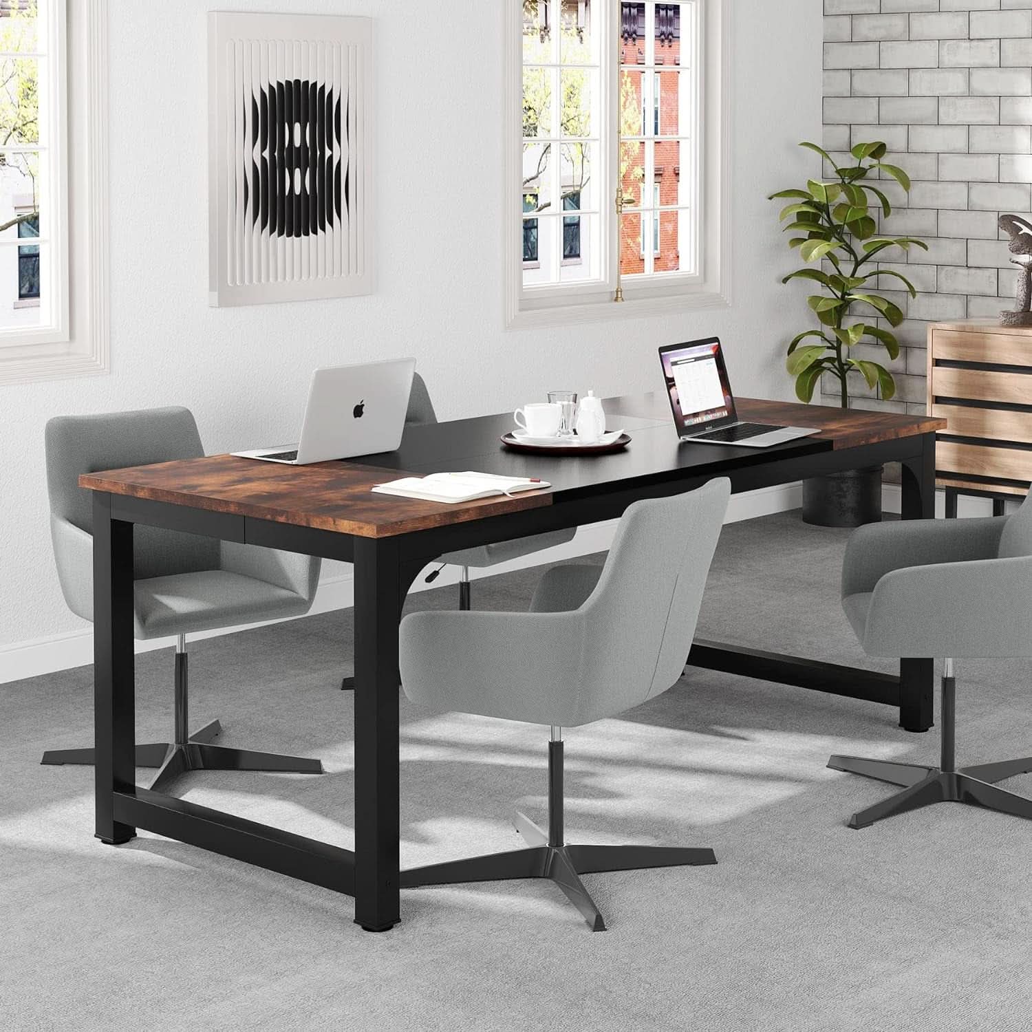 70.8-Inch Rustic Brown Black Executive Desk Thick Frame