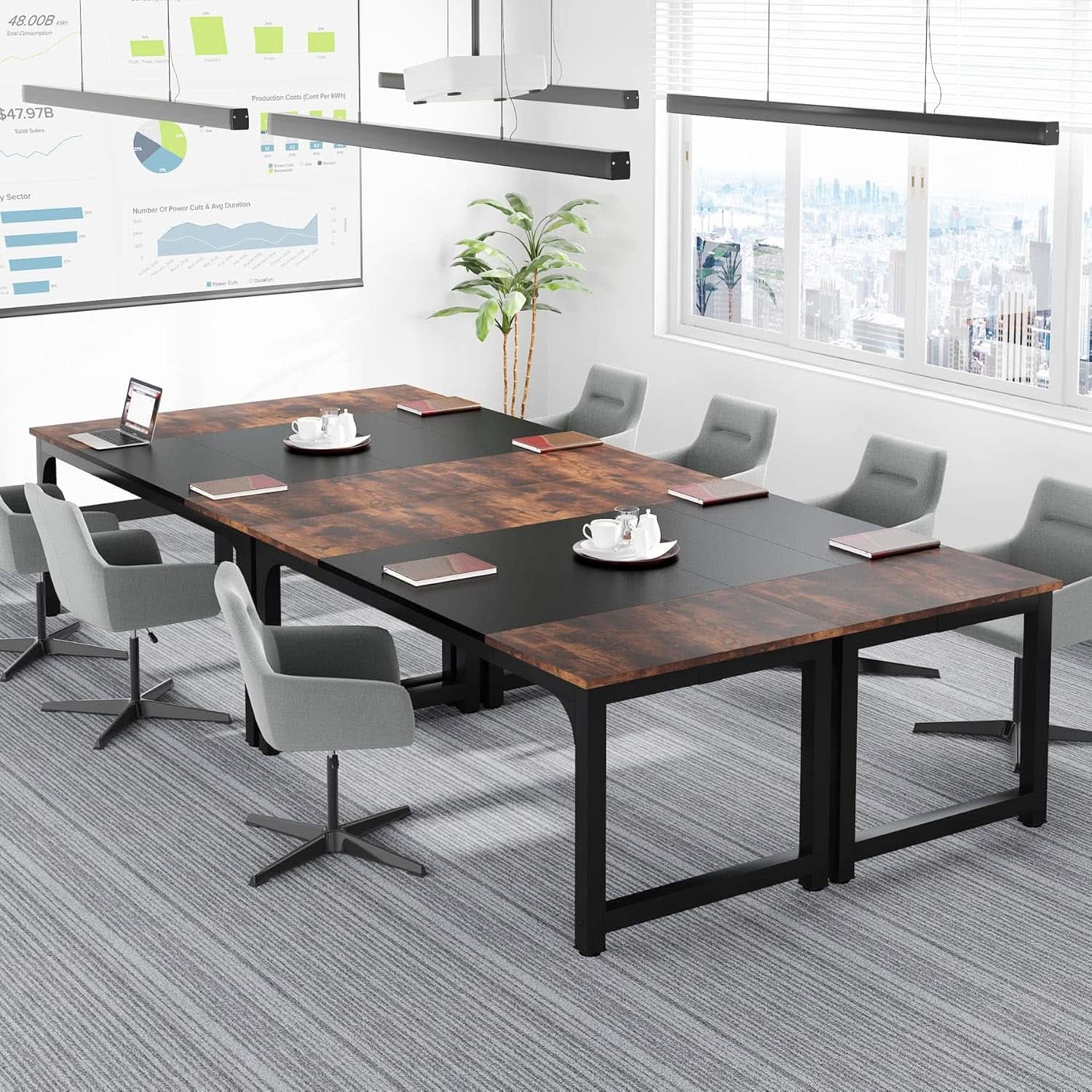 70.8-Inch Rustic Brown Black Executive Desk Thick Frame