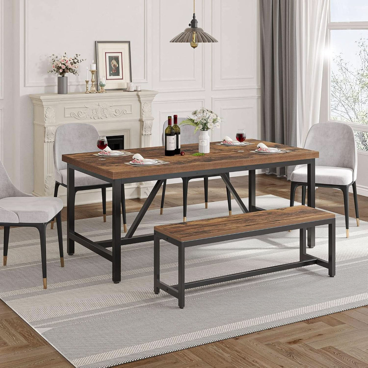 70.8 Inch Rustic Brown Farmhouse Dining Table For 6 To 8 People
