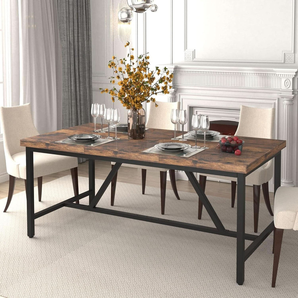 70.8 Inch Rustic Brown Farmhouse Dining Table For 6 To 8 People