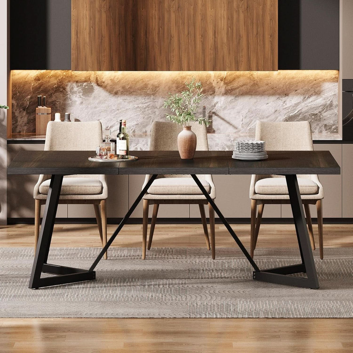 70.86 Inch Black Dining Table For 4 To 6 Family Room