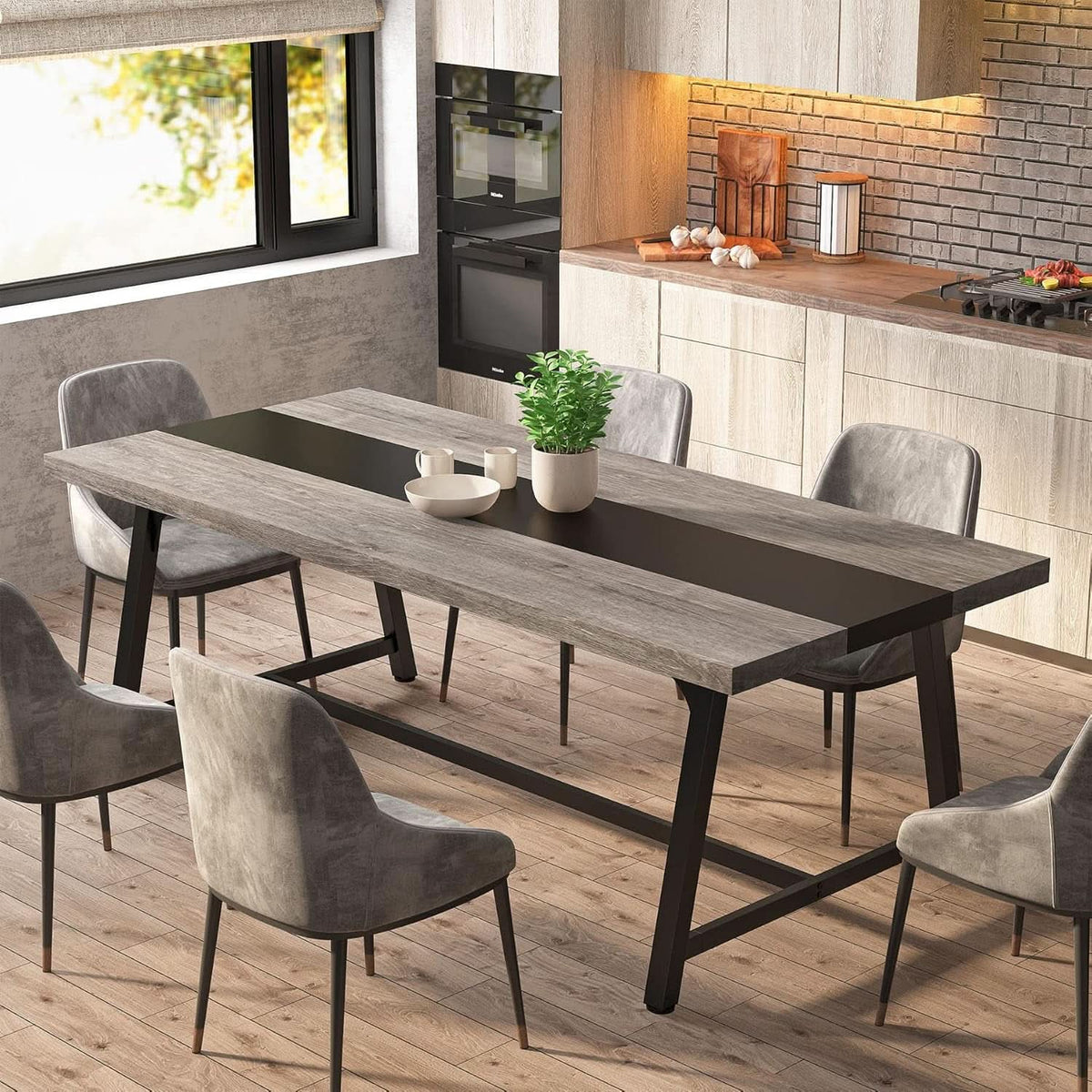 70.87 Inch Dining Table For 8 With Metal Frame In Gray