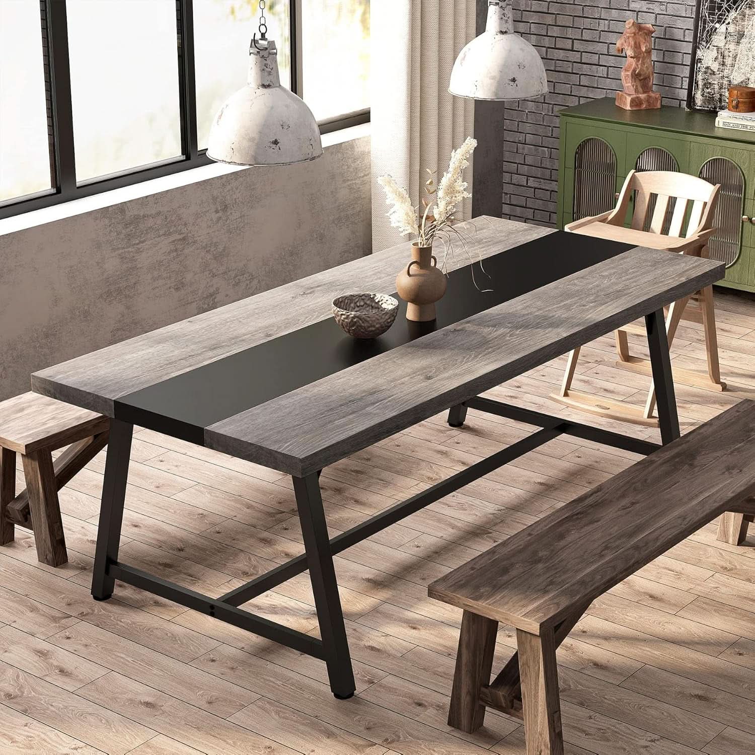 70.87 Inch Dining Table For 8 With Metal Frame In Gray