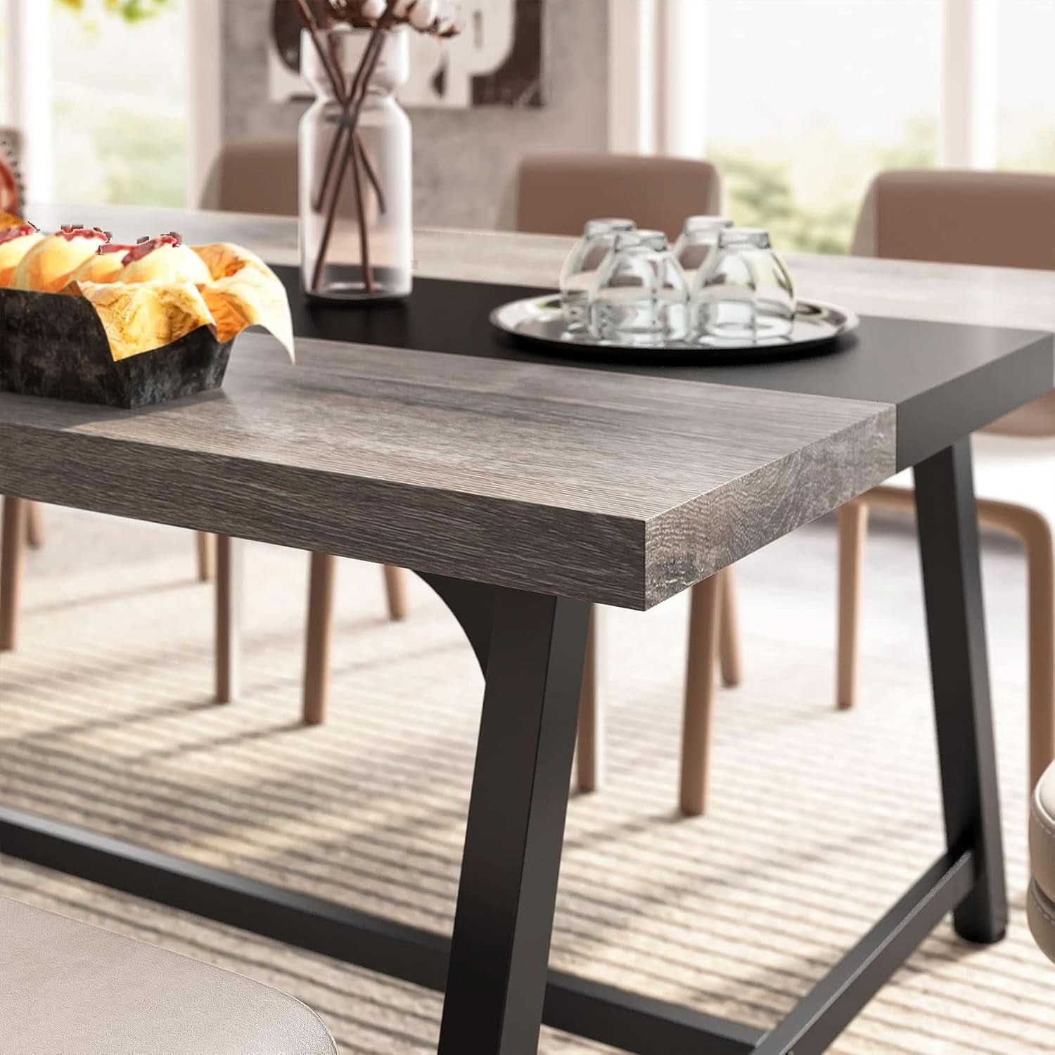 70.87 Inch Dining Table For 8 With Metal Frame In Gray