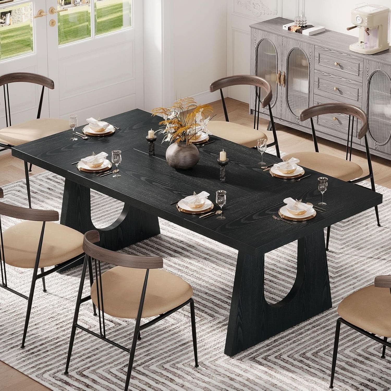 70.9 Inch Black Contemporary Rectangular Dining Table Seats 6 To 8