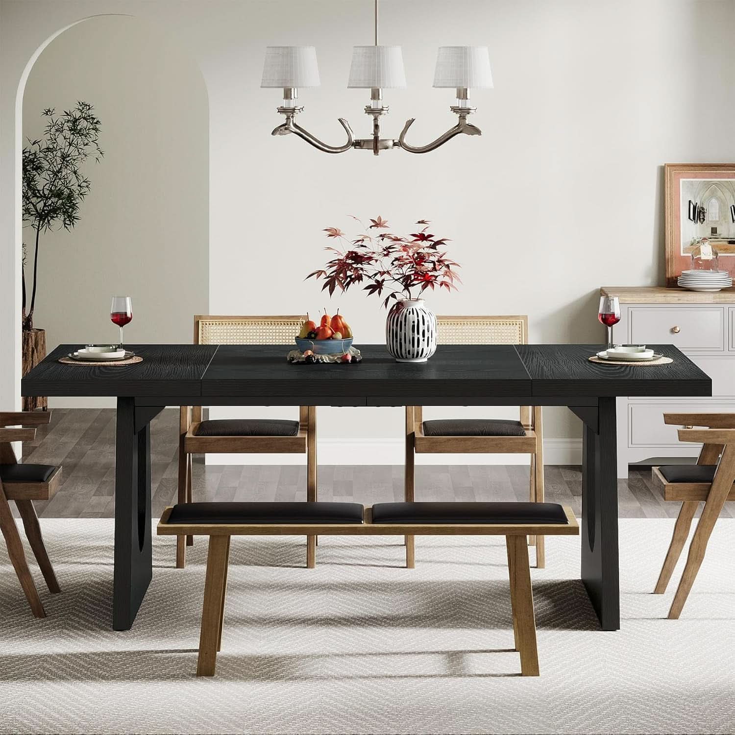 70.9 Inch Black Contemporary Rectangular Dining Table Seats 6 To 8