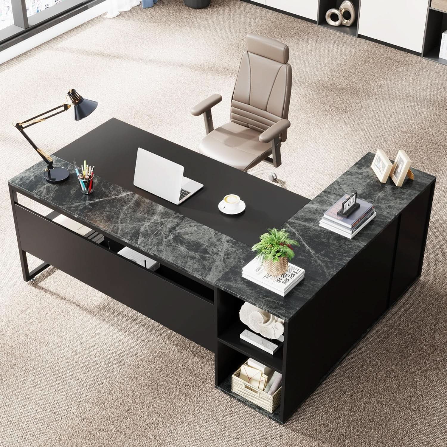 71 Inch Black L Shaped Executive Desk With Storage
