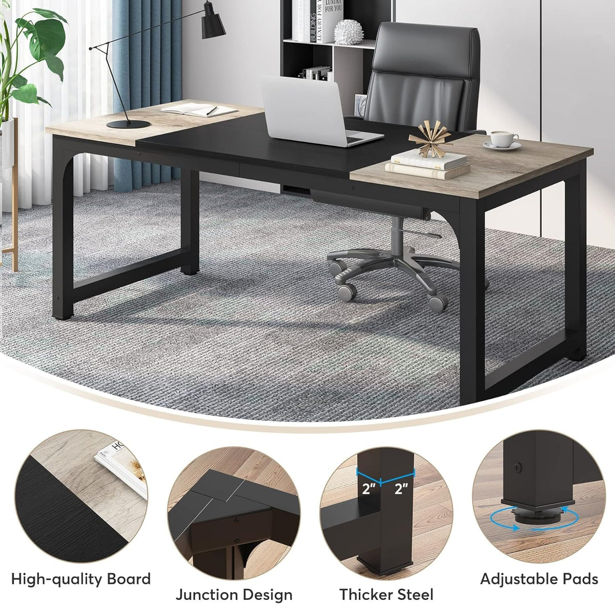 71 Inch Executive Office Desk Vintage Grey Black Large