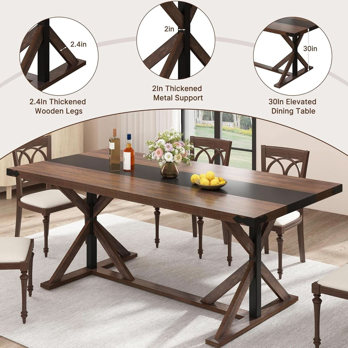 71 Inch Farmhouse Dining Table Waterproof Wood Grain Top
