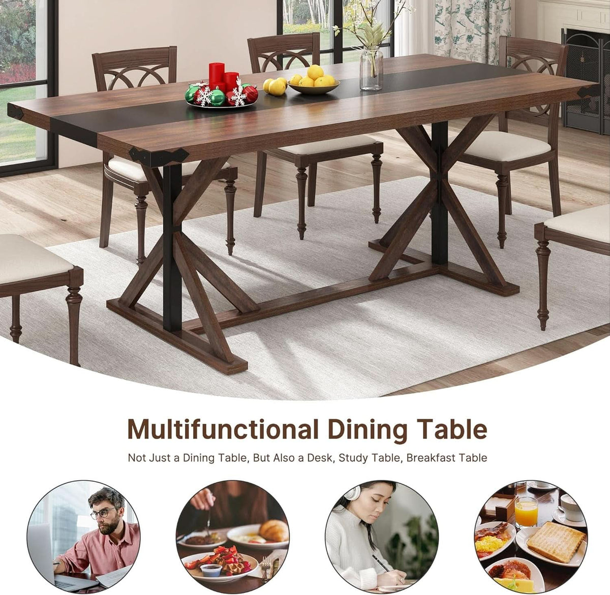 71 Inch Farmhouse Dining Table Waterproof Wood Grain Top