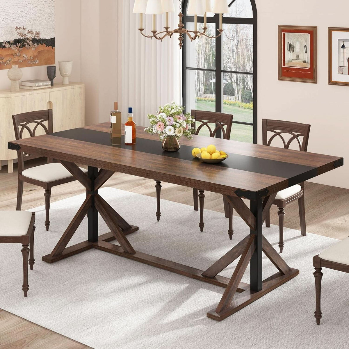 71 Inch Farmhouse Dining Table Waterproof Wood Grain Top