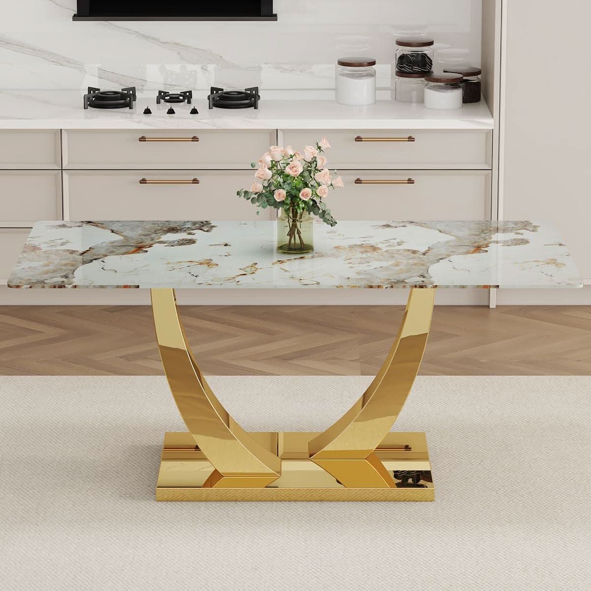 71 Inch Faux Marble Dining Table Tempered Glass Top
