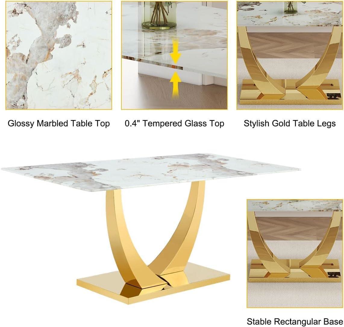 71 Inch Faux Marble Dining Table Tempered Glass Top