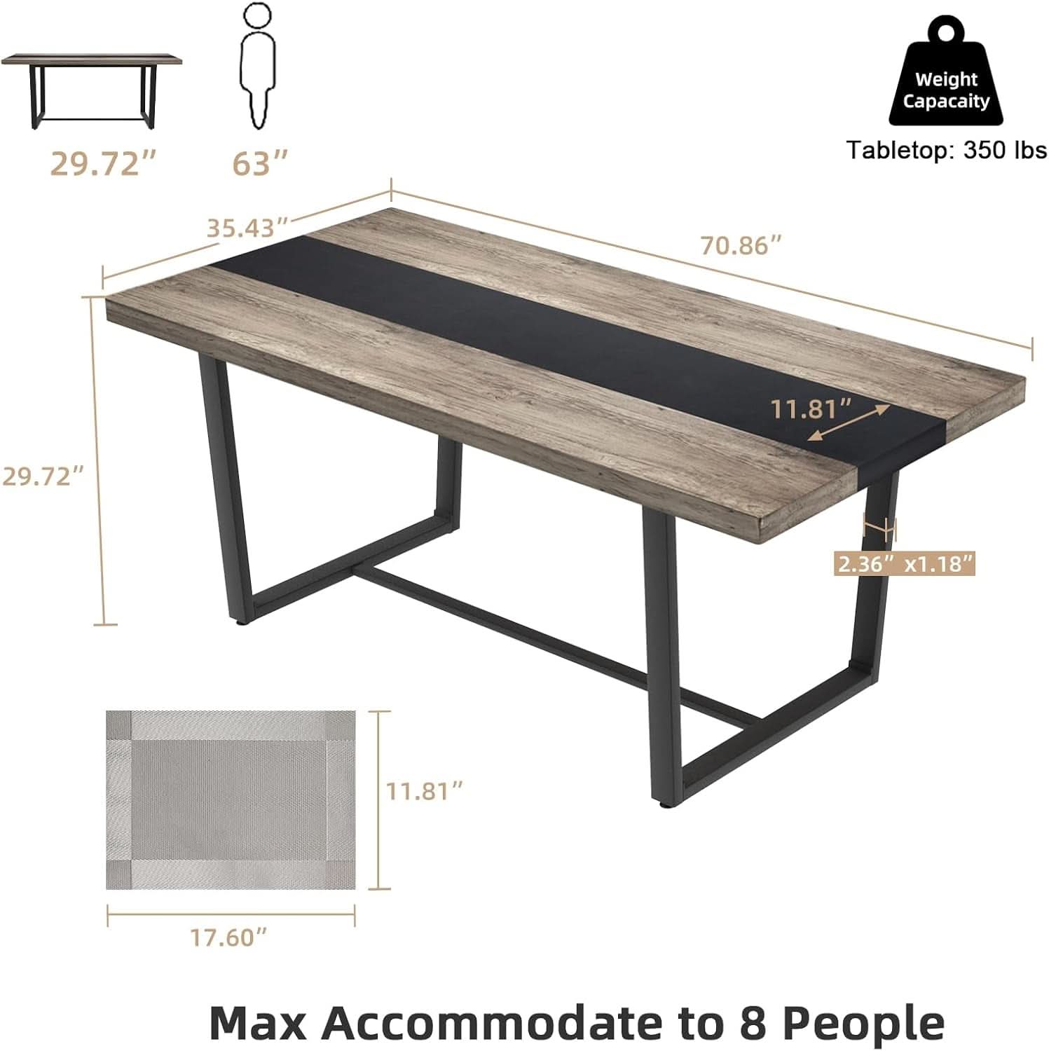 71 Inch Grey Dining Table Industrial Farmhouse Style