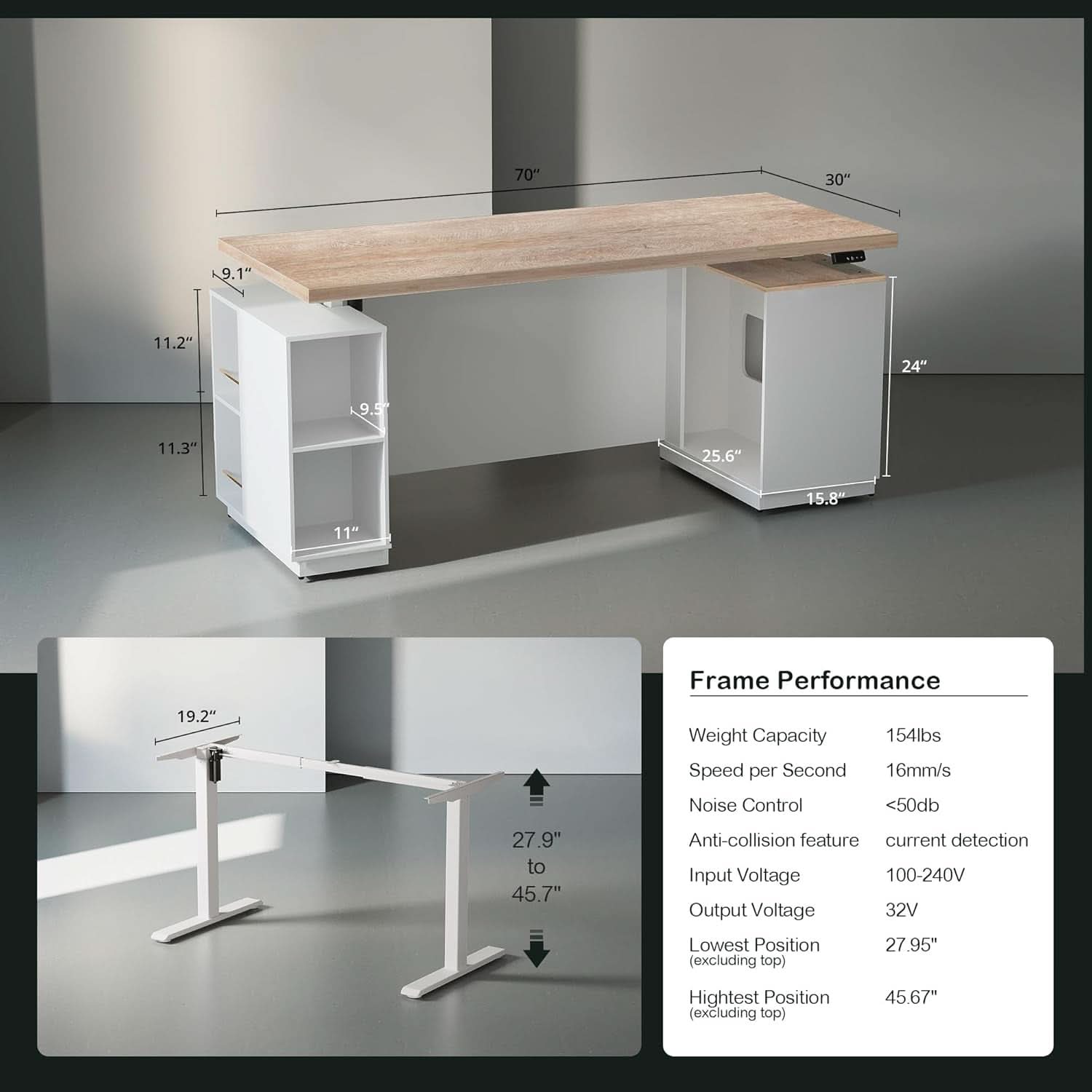 71 Inch L Shaped Standing Desk With USB Walnut Finish