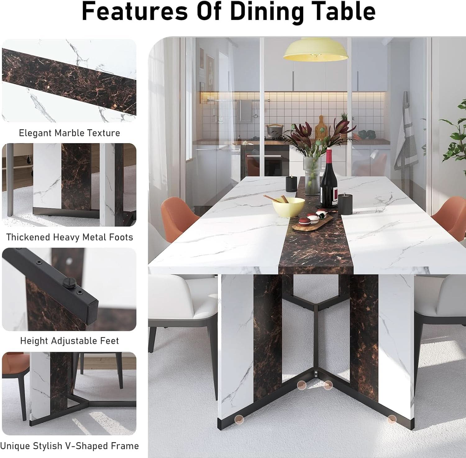 71 Inch Marble Top Dining Table For Home Kitchen Modern